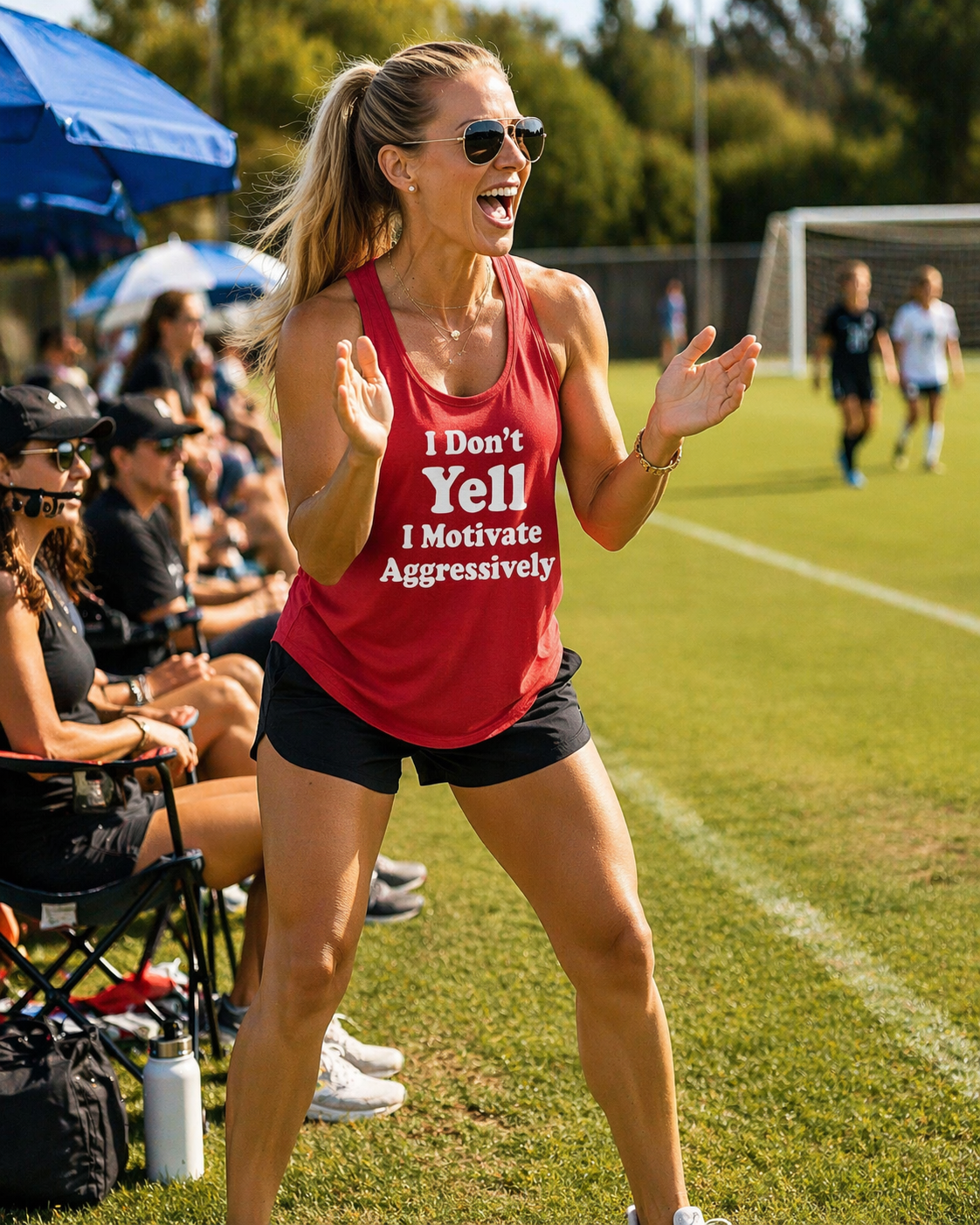 Motivational Racerback Tank - "I Don't Yell, I Motivate Aggressively"