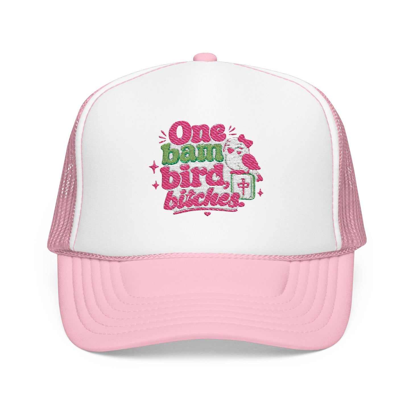 Trucker Hat — "One Bad Bird B****" Floral Rhinestone Patch