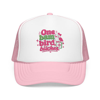 Trucker Hat — "One Bad Bird B****" Floral Rhinestone Patch