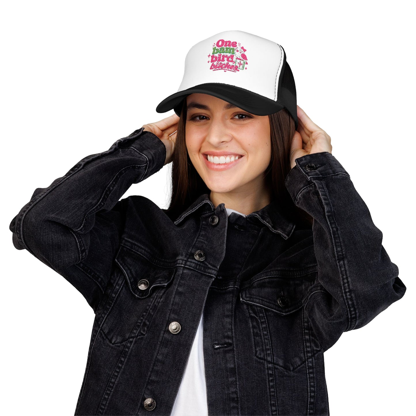 Trucker Hat — "One Bad Bird B****" Floral Rhinestone Patch