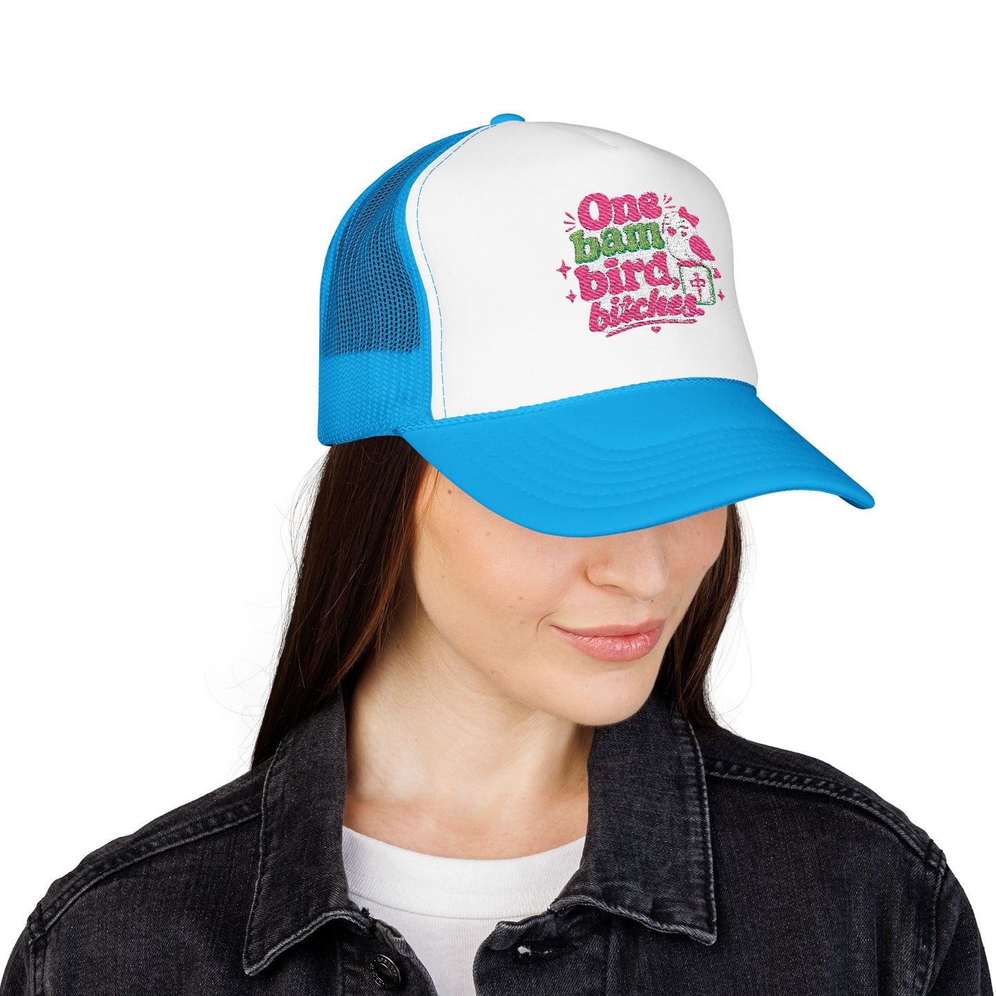 Trucker Hat — "One Bad Bird B****" Floral Rhinestone Patch