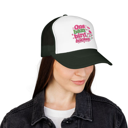 Trucker Hat — "One Bad Bird B****" Floral Rhinestone Patch