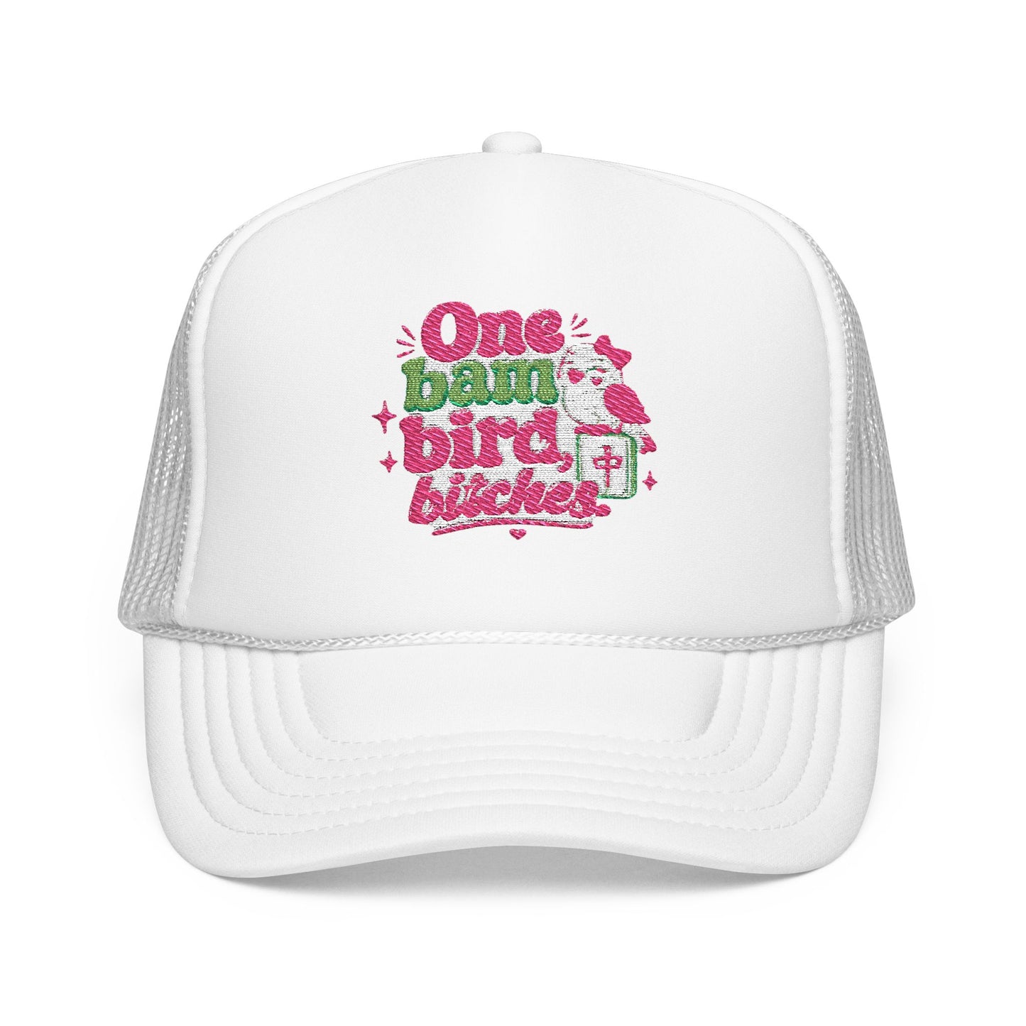 Trucker Hat — "One Bad Bird B****" Floral Rhinestone Patch