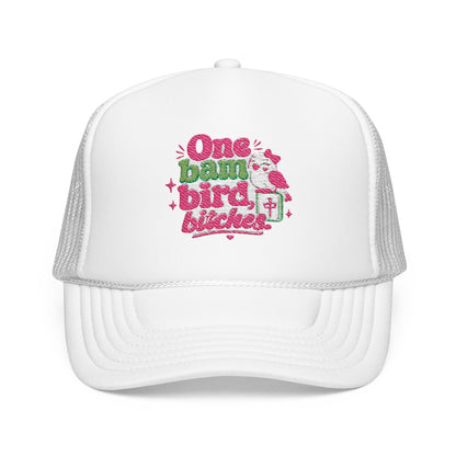 Trucker Hat — "One Bad Bird B****" Floral Rhinestone Patch