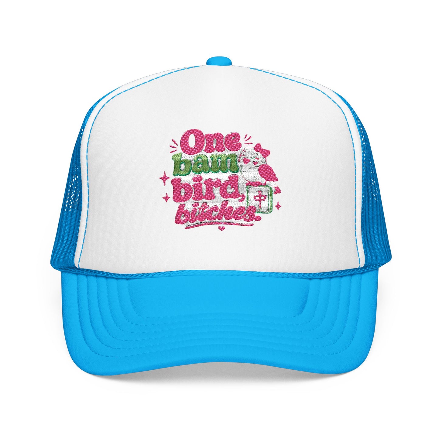 Trucker Hat — "One Bad Bird B****" Floral Rhinestone Patch