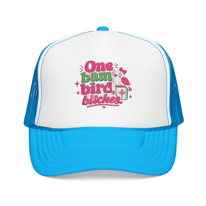 Trucker Hat — "One Bad Bird B****" Floral Rhinestone Patch