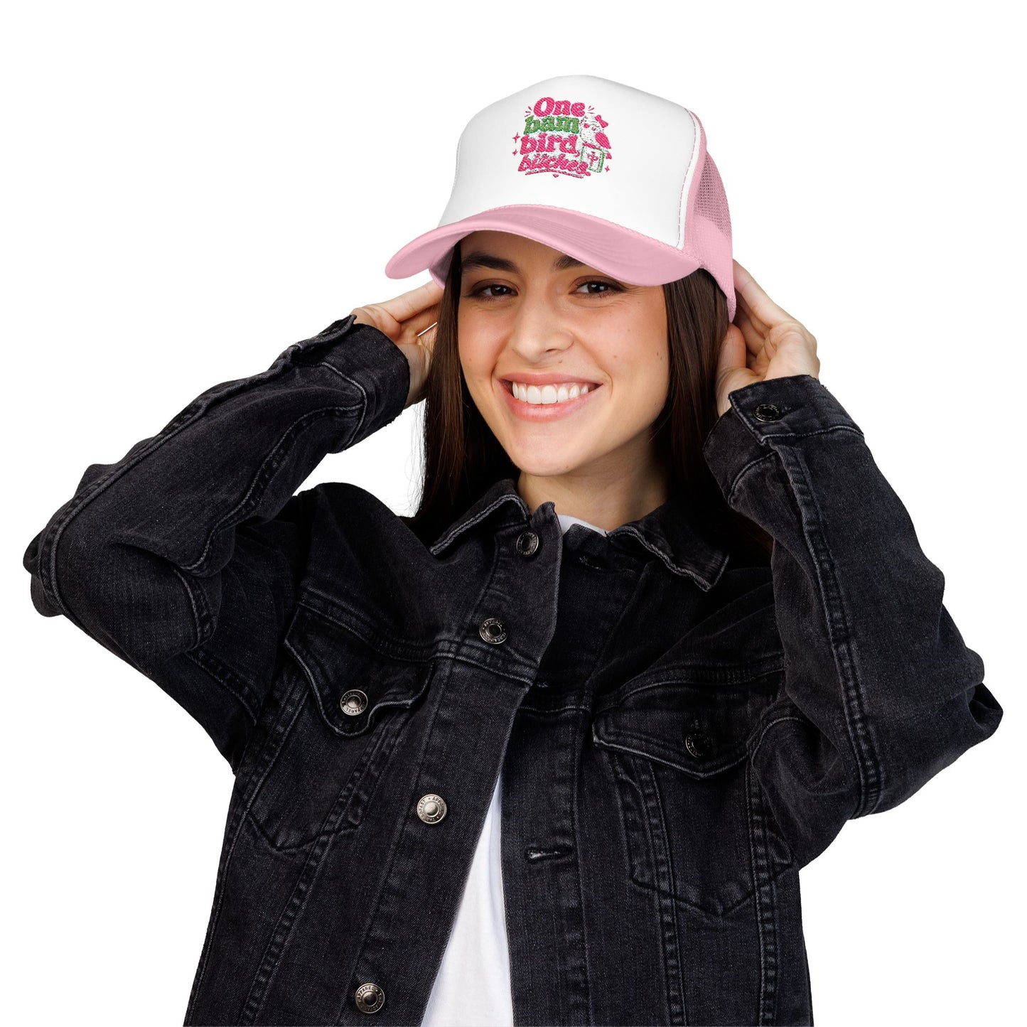 Trucker Hat — "One Bad Bird B****" Floral Rhinestone Patch