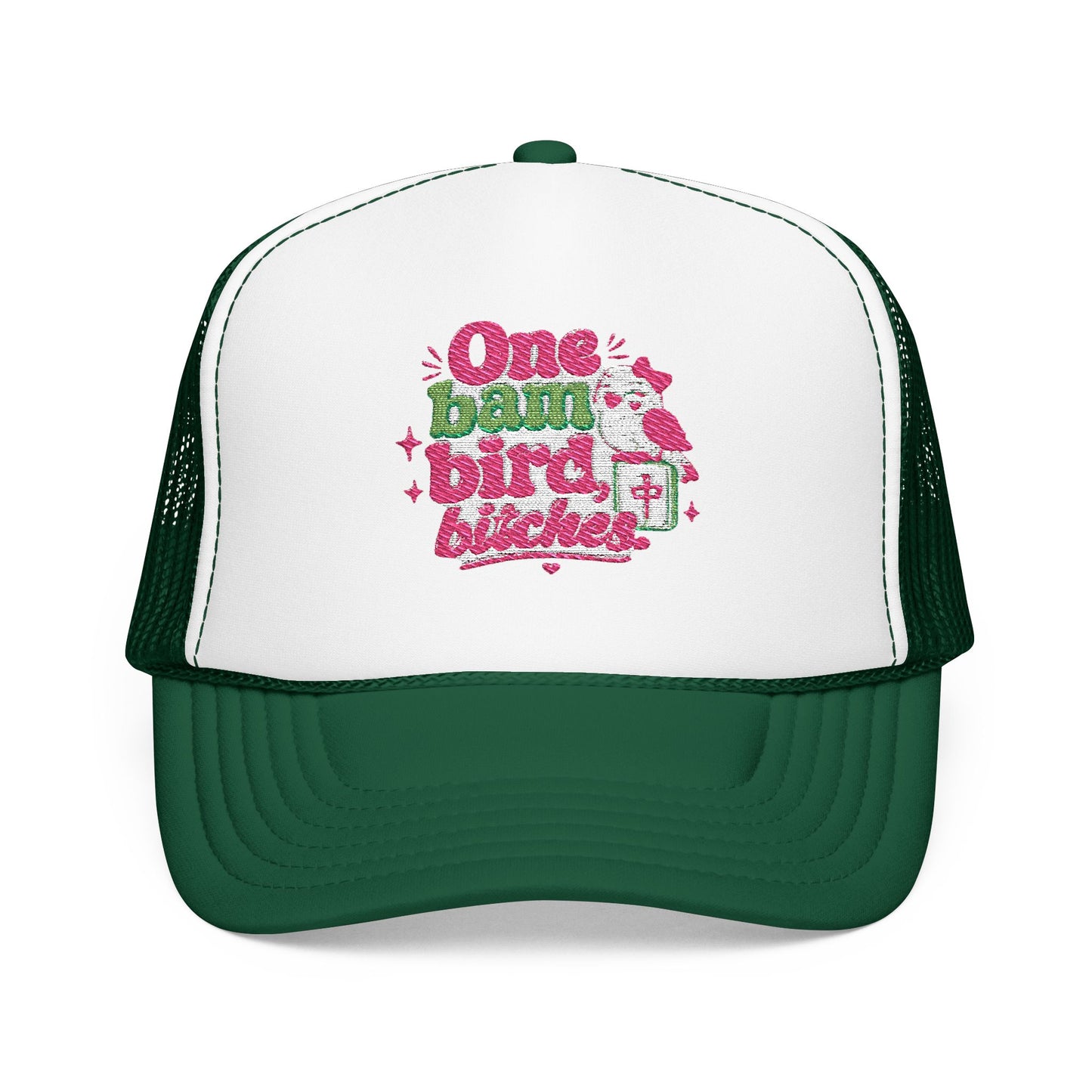 Trucker Hat — "One Bad Bird B****" Floral Rhinestone Patch