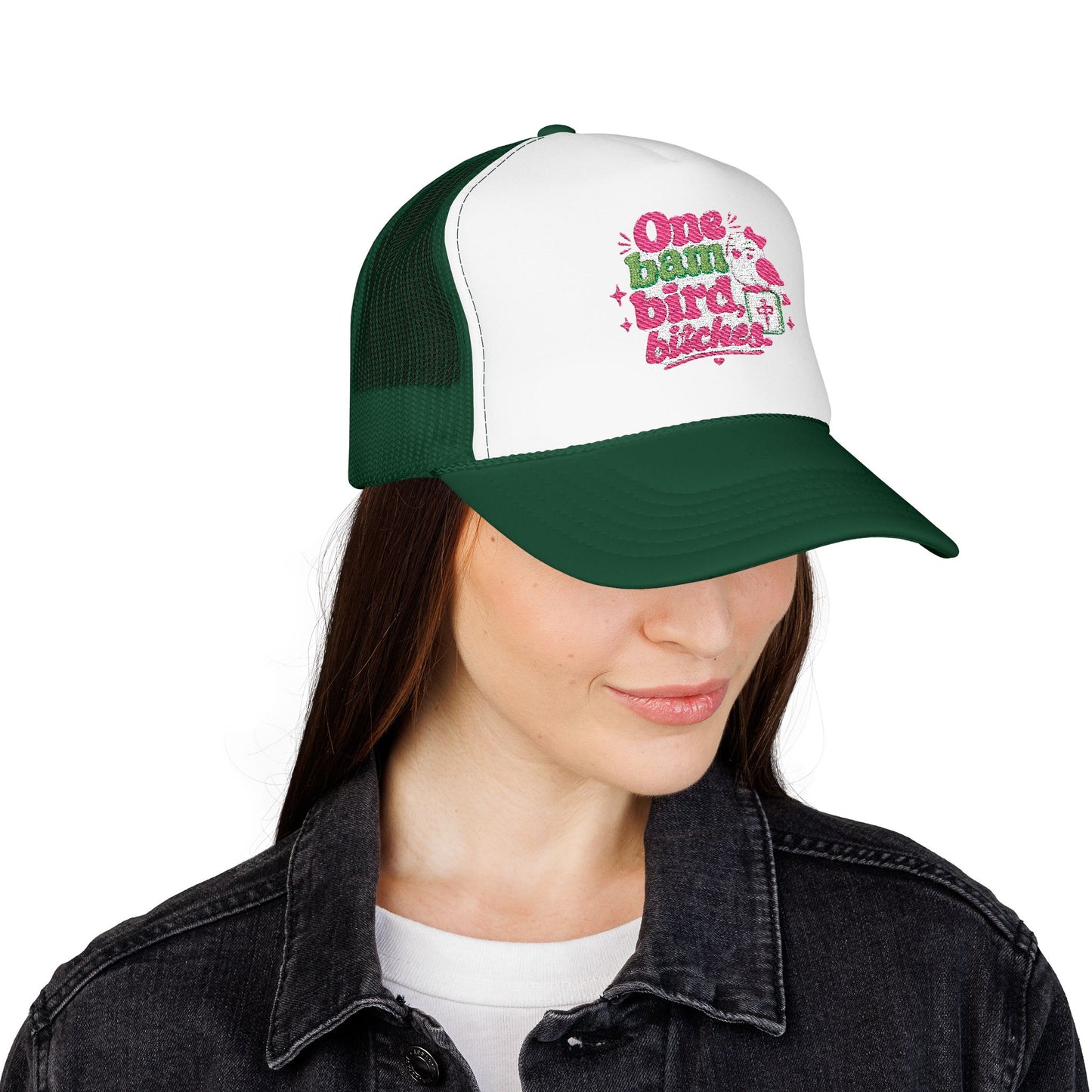 Trucker Hat — "One Bad Bird B****" Floral Rhinestone Patch