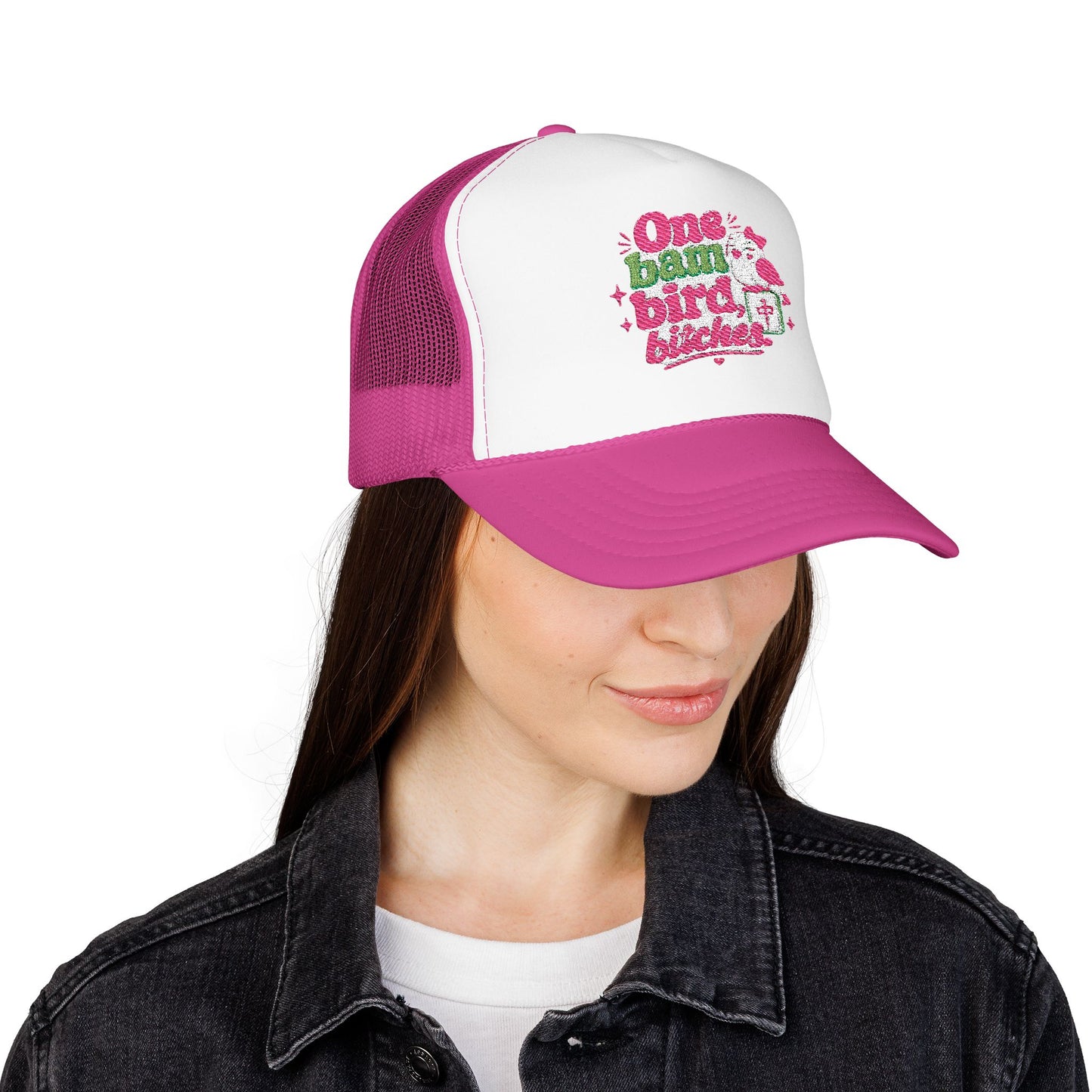 Trucker Hat — "One Bad Bird B****" Floral Rhinestone Patch
