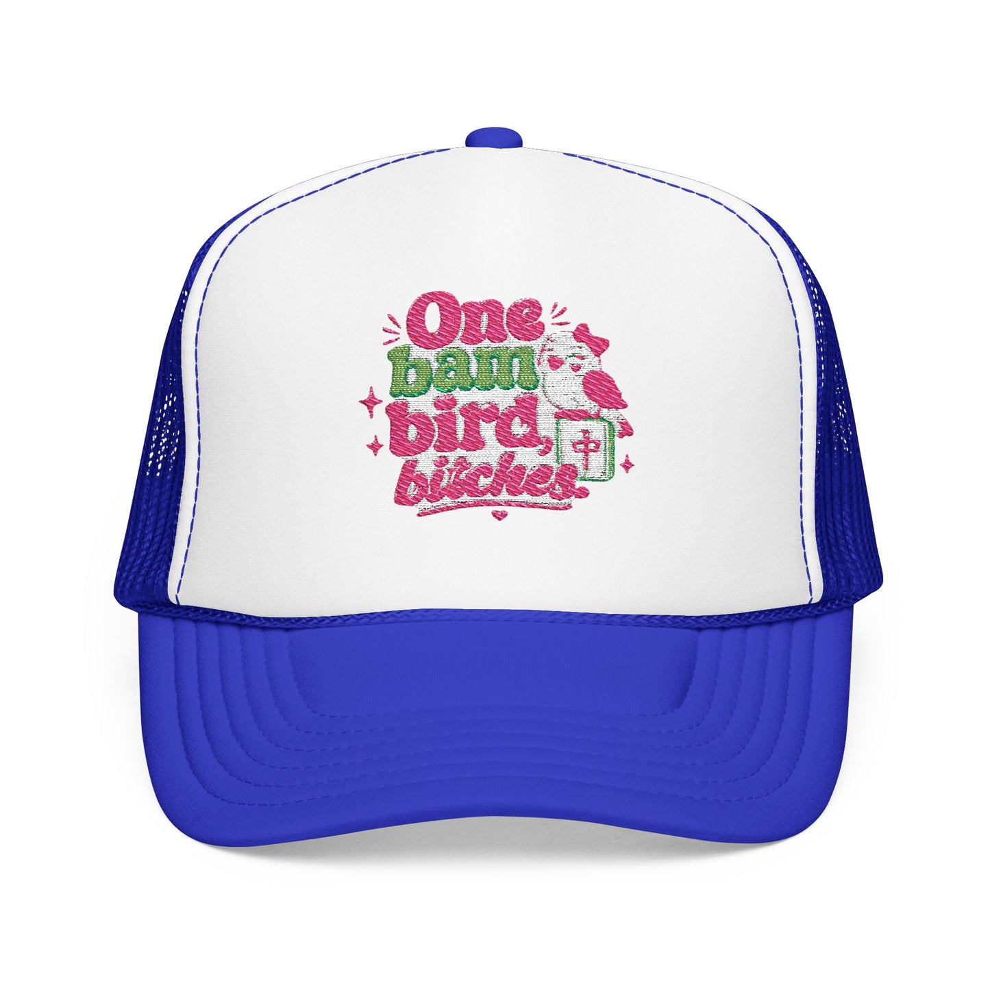 Trucker Hat — "One Bad Bird B****" Floral Rhinestone Patch
