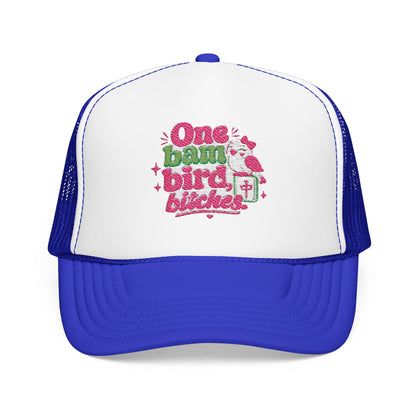 Trucker Hat — "One Bad Bird B****" Floral Rhinestone Patch