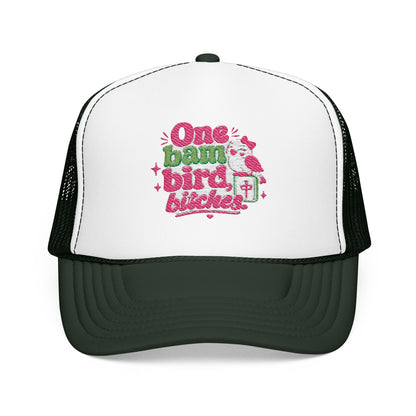 Trucker Hat — "One Bad Bird B****" Floral Rhinestone Patch