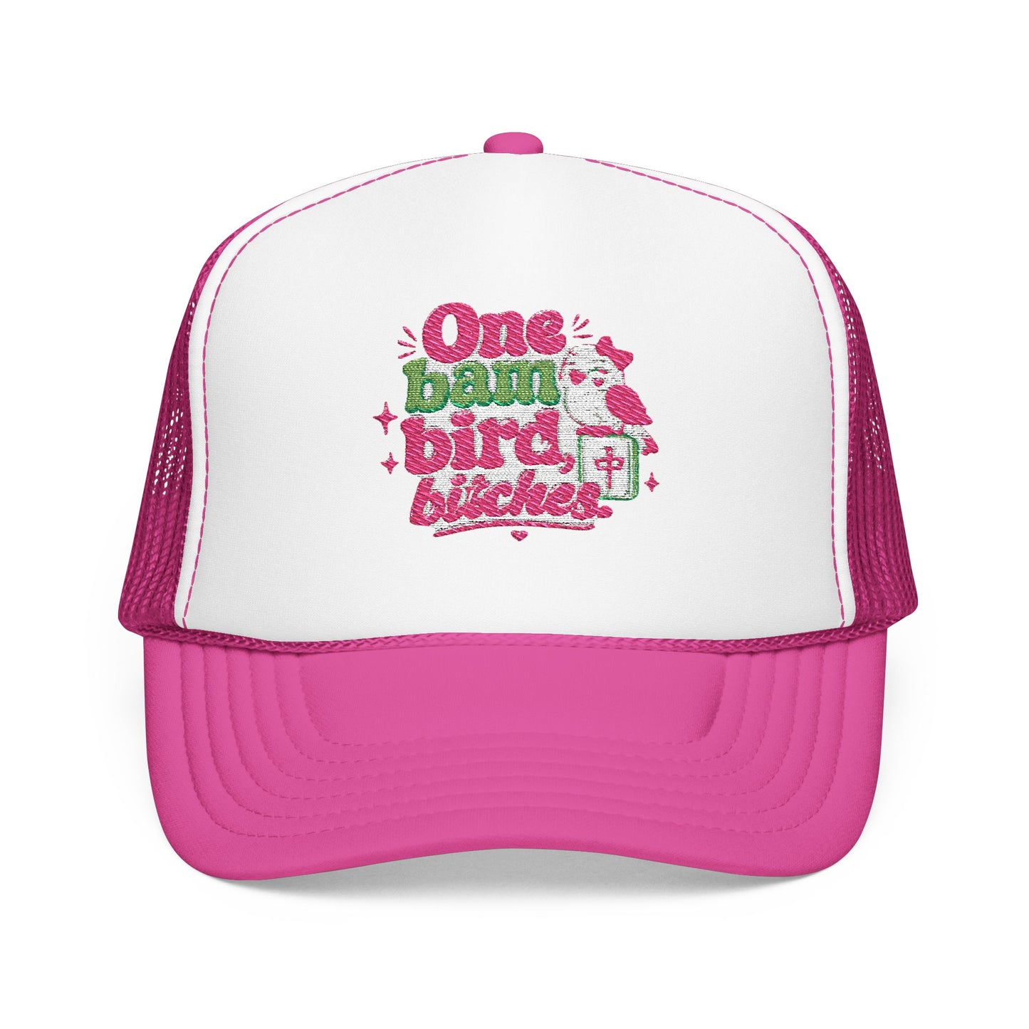 Trucker Hat — "One Bad Bird B****" Floral Rhinestone Patch