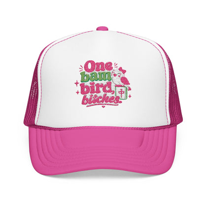 Trucker Hat — "One Bad Bird B****" Floral Rhinestone Patch