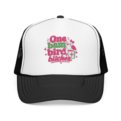 Trucker Hat — "One Bad Bird B****" Floral Rhinestone Patch